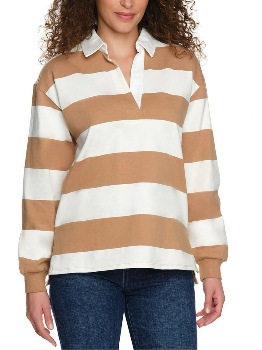 Lands’ End Shirt Women L 12/14 Rugby Polo Tan Ivory Striped Long Sleeve V Neck